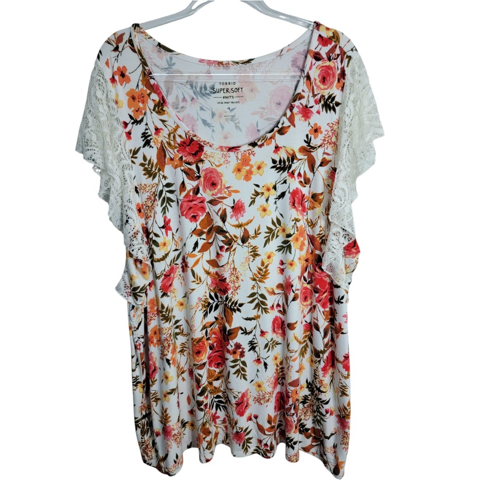 Torrid Womens 4X Top White Floral Lace Flutter Sleeve Super Soft Knit 16829208